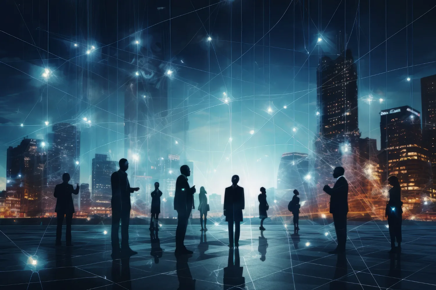 Business professionals against a connected city skyline